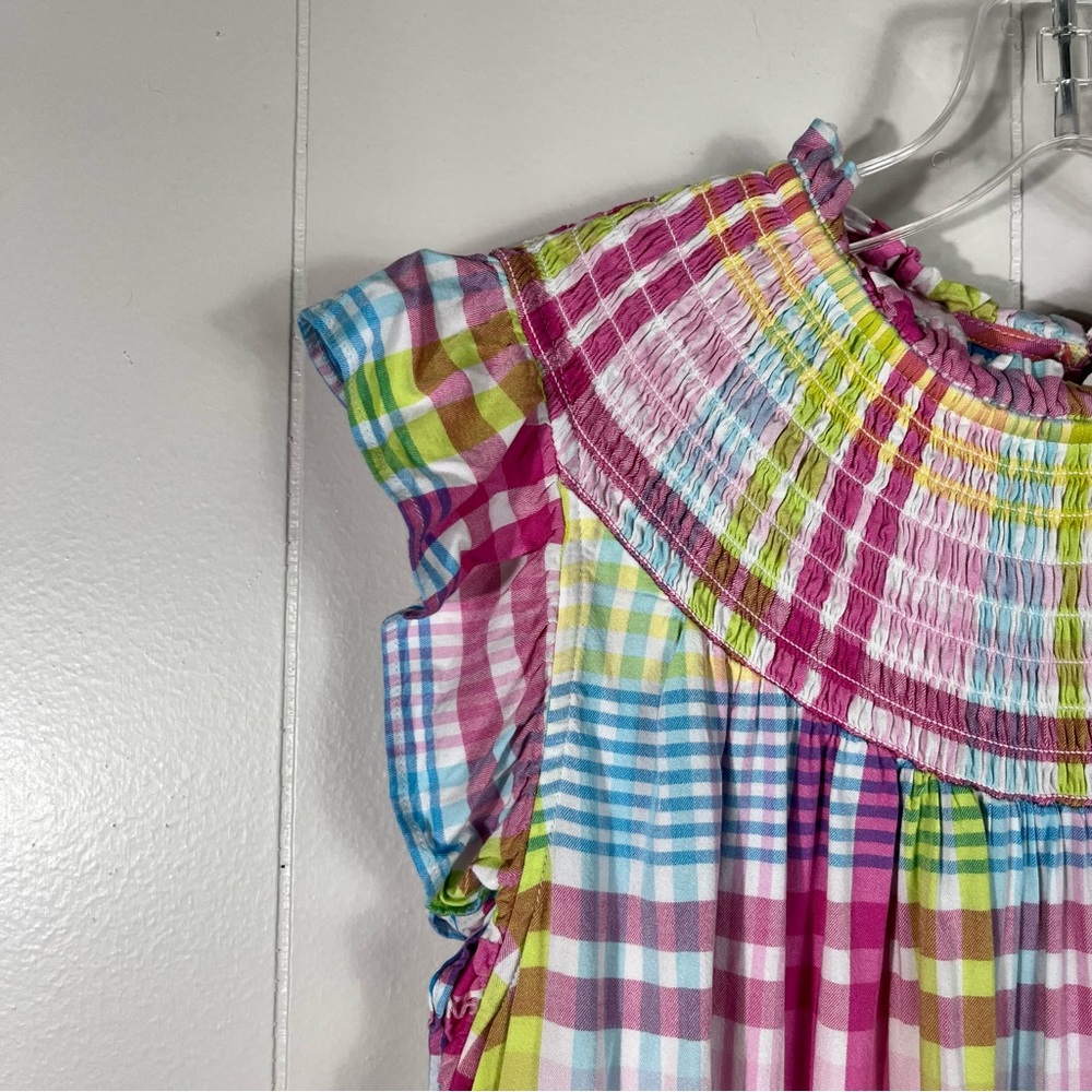 Crown & Ivy Colorful Plaid Smocked Stretch High Neck Blouse XL Ruffle Spring - Picture 2 of 5